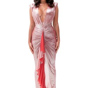 Pink Ruched Ruffled Maxi Dress for Weddings